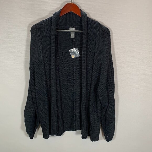Chicos Sweater Womens Large Black Cotton Angora Open Cardigan Roll Tab Sleeve - Picture 1 of 7